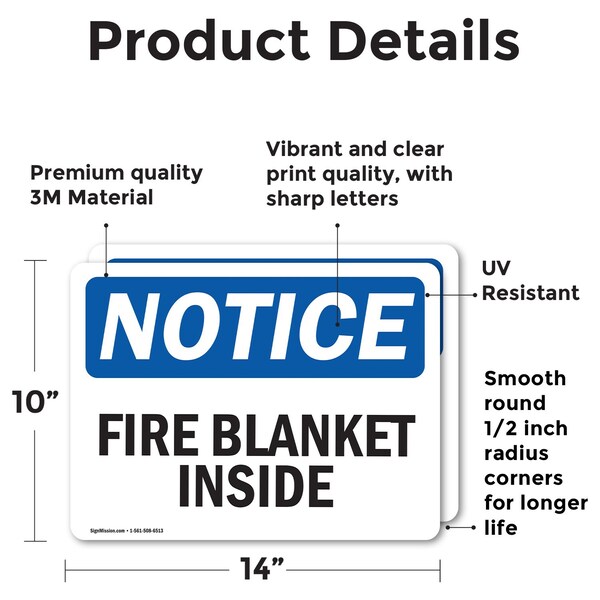 Fire Blanket Inside OSHA Notice Sign, Vinyl Decal, 14in W X 10in L, 2PK